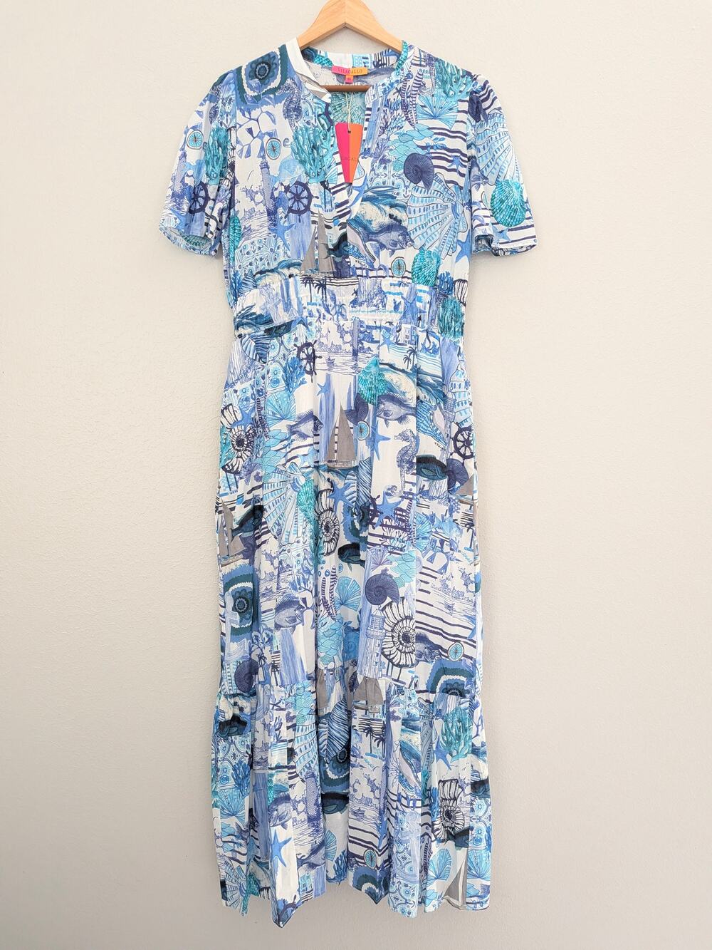 NWT Vilagallo Leila Shells Maxi Dress Blue White Short Sleeve Shift Dress 44 XL